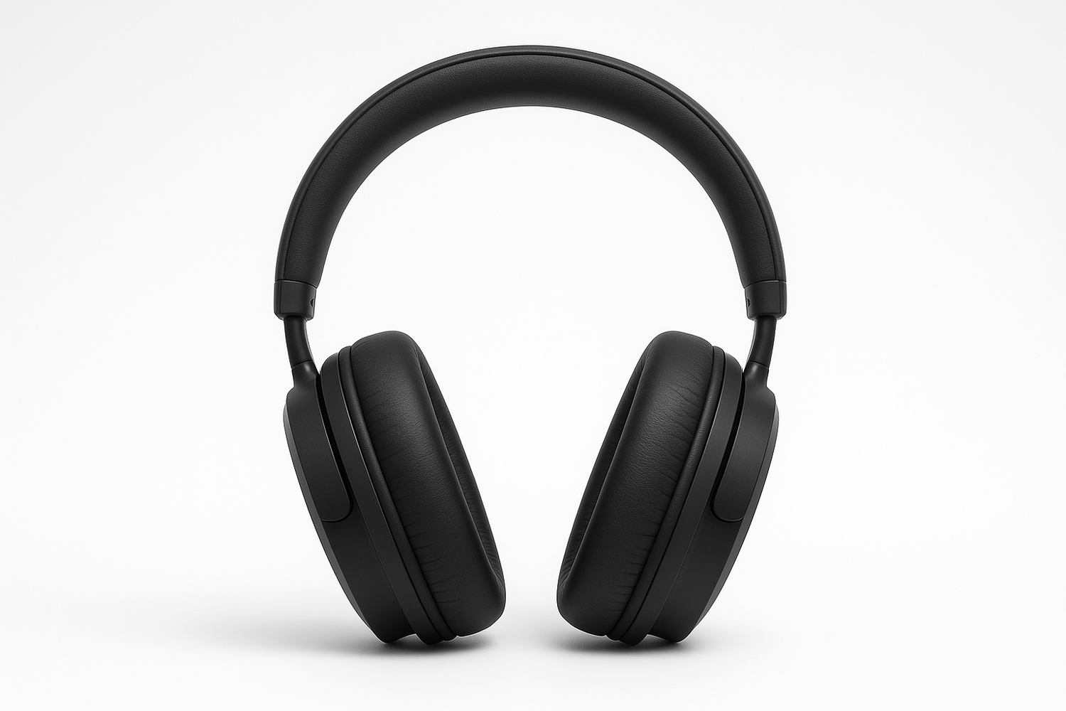 High-resolution front-facing image of over-ear headphones, matte black finish, clean white background, studio lighting, soft shadows, product centered, 1:1 aspect ratio"