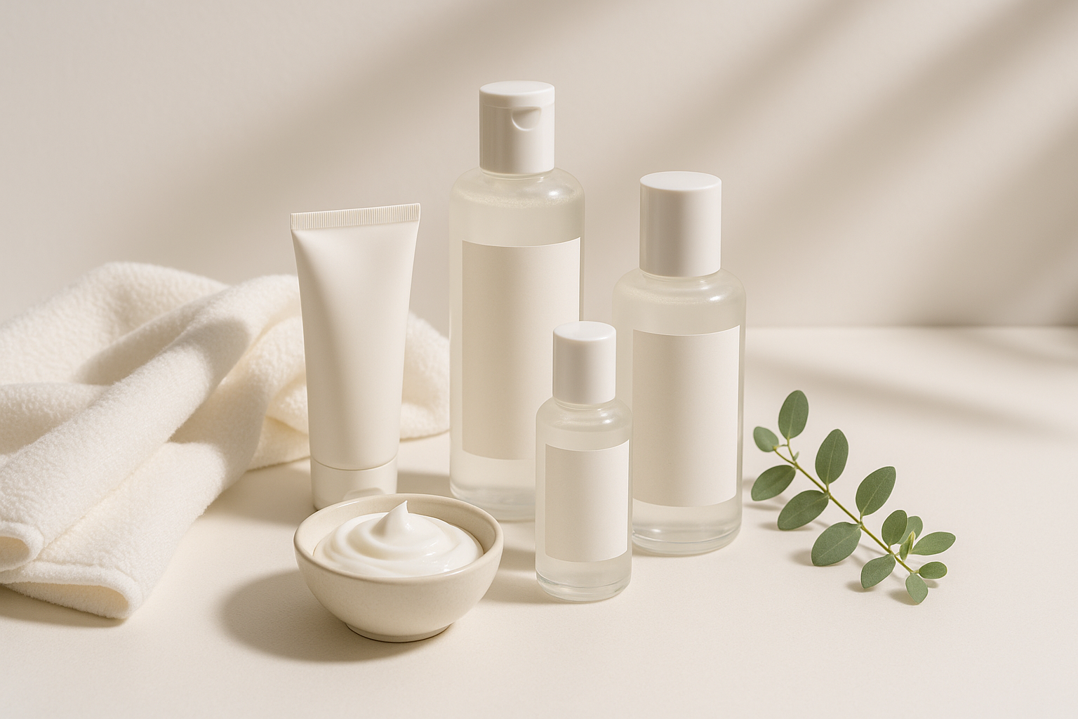 Produce a high-quality hero image for skincare: clean white background with a calm, spa-like atmosphere. Include elegant skincare bottles, a small bowl of cream, and a soft towel or plant accent. Warm, flattering lighting, subtle glass highlights, and a refined, premium look.